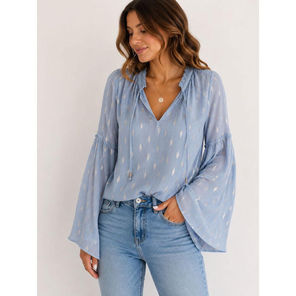 Women's Jennifer Lopez Baby Blue Blouse – Silver Sparkle Dash Pattern – XL